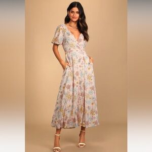 Lulus Flourishing Feelings Pink Floral Print Puff Sleeve Midi Dress | NWT, Small